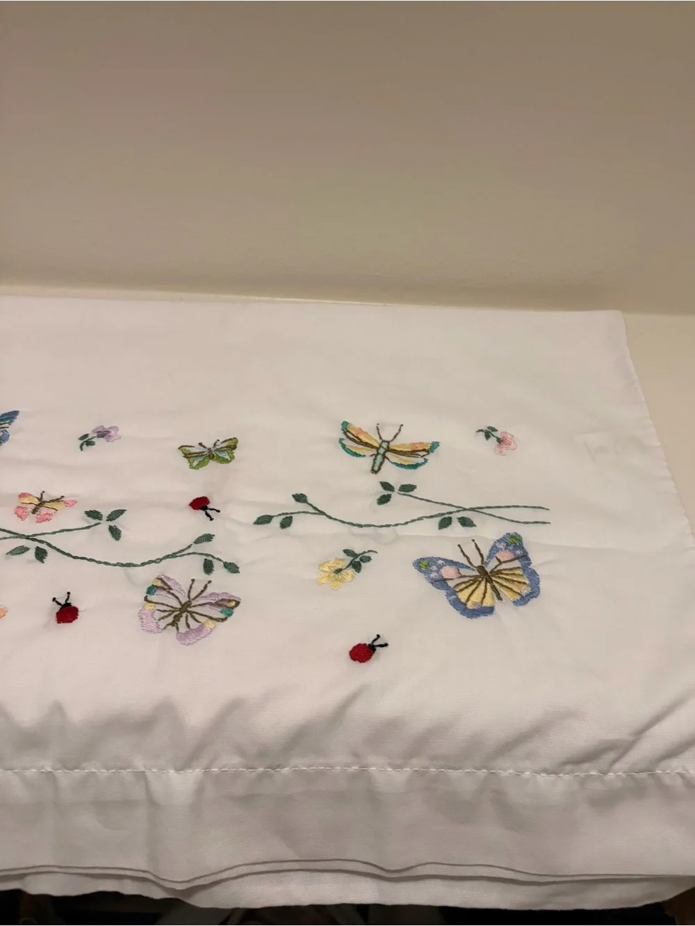 Vintage Embroidered White Standard Pillowcases Butterflies In Flight by Bucilla